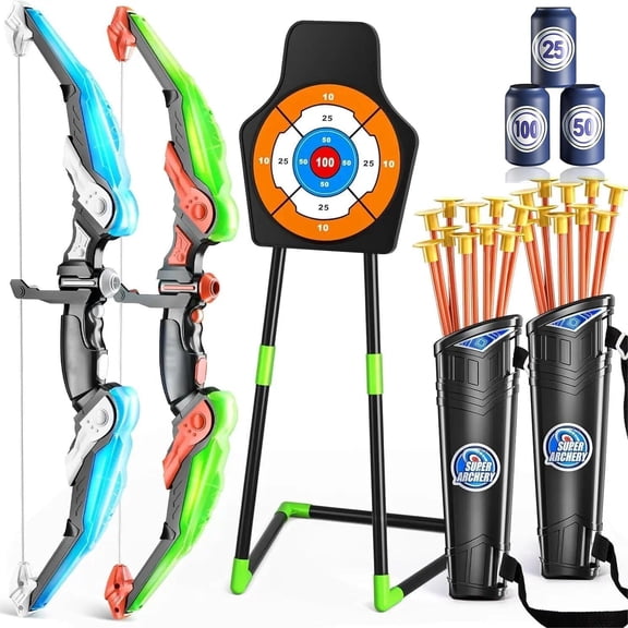 2 Pack Bow and Arrow Set Toy for Kids Boys Girs 3-12 Years Old, Archery Targets Archery Toy Set for Boys with LED Lights Target & Quiver Outdoor Toys for Kids Boys Girls