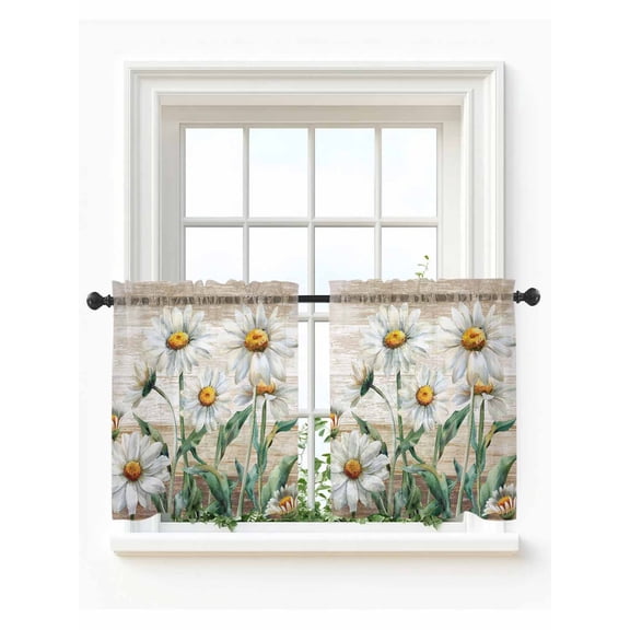 White Daisy Tier Curtains 36 Inch Length,Sheer Curtains for Bedroom Living Room Window Vintage Botanical Spring Floral Summer Rod Pocket Drapes Kitchen Curtains Small Half Window 27.5"x36" 2 Panels
