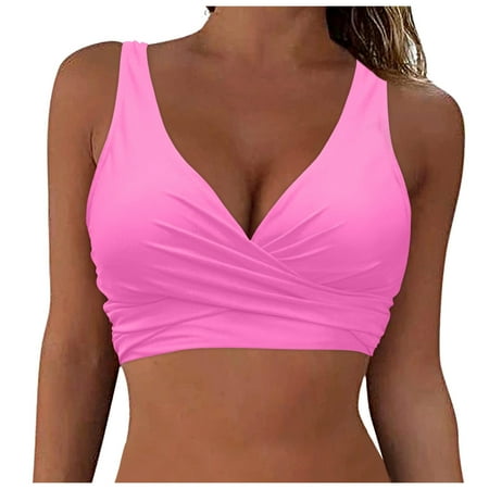 Gerichy Women s Bikini Top Lace Up Crisscross Swim Crop Tops High Neck Swimsuit Bra Padded Pink XL