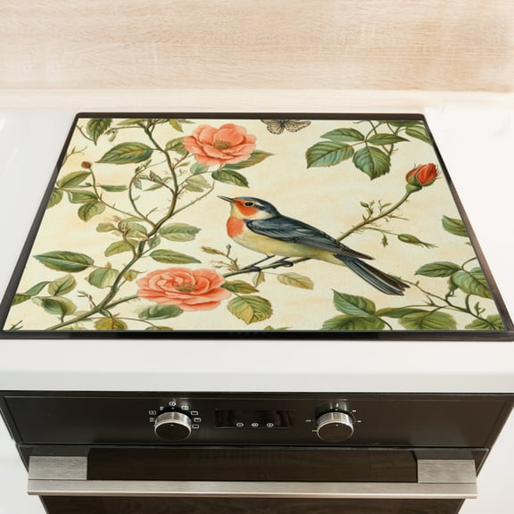 Silicone Stove Mat for Glass Top Stove, Cute Bird Perched On Rose Branch Electric Stove Cover Mat, 28 x 20 Inch Heat - Resistant Gas Gtove Burner Covers Glass Stove Top Protector