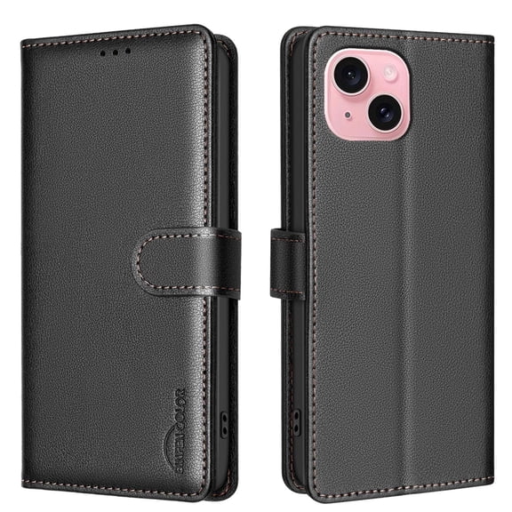 for iPhone 15 Wallet Case, with [RFID Blocking] Card Slots Strong Magnetic PU Leather Flip Fold Protective Adjustable Kickstand Phone Case for iPhone 15 - Black