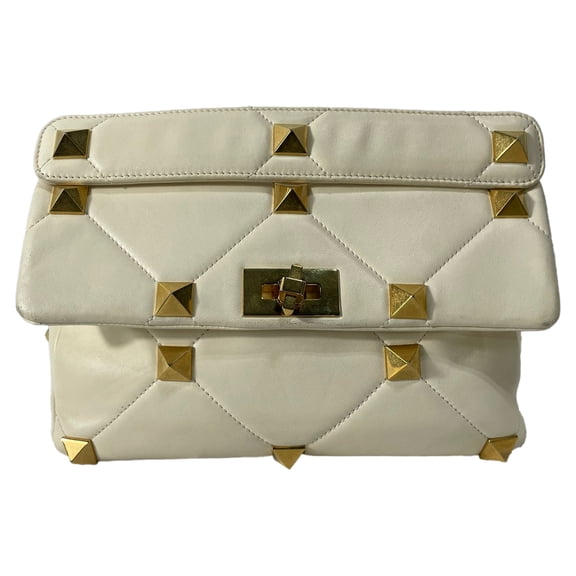 Valentino Garavani Large Roman Stud Shoulder Bag in White Leather