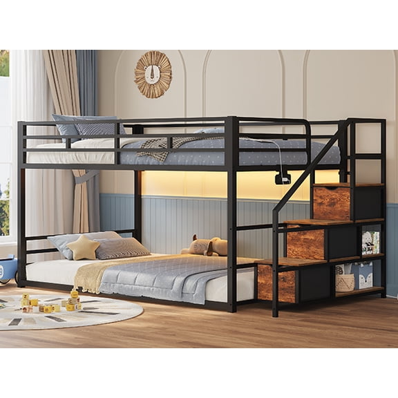 Toogaho Twin over Twin Bunk Bed with Storage,LED Lights and Charging Station,Metal Loft Bed Frame,Space Saving,Brown
