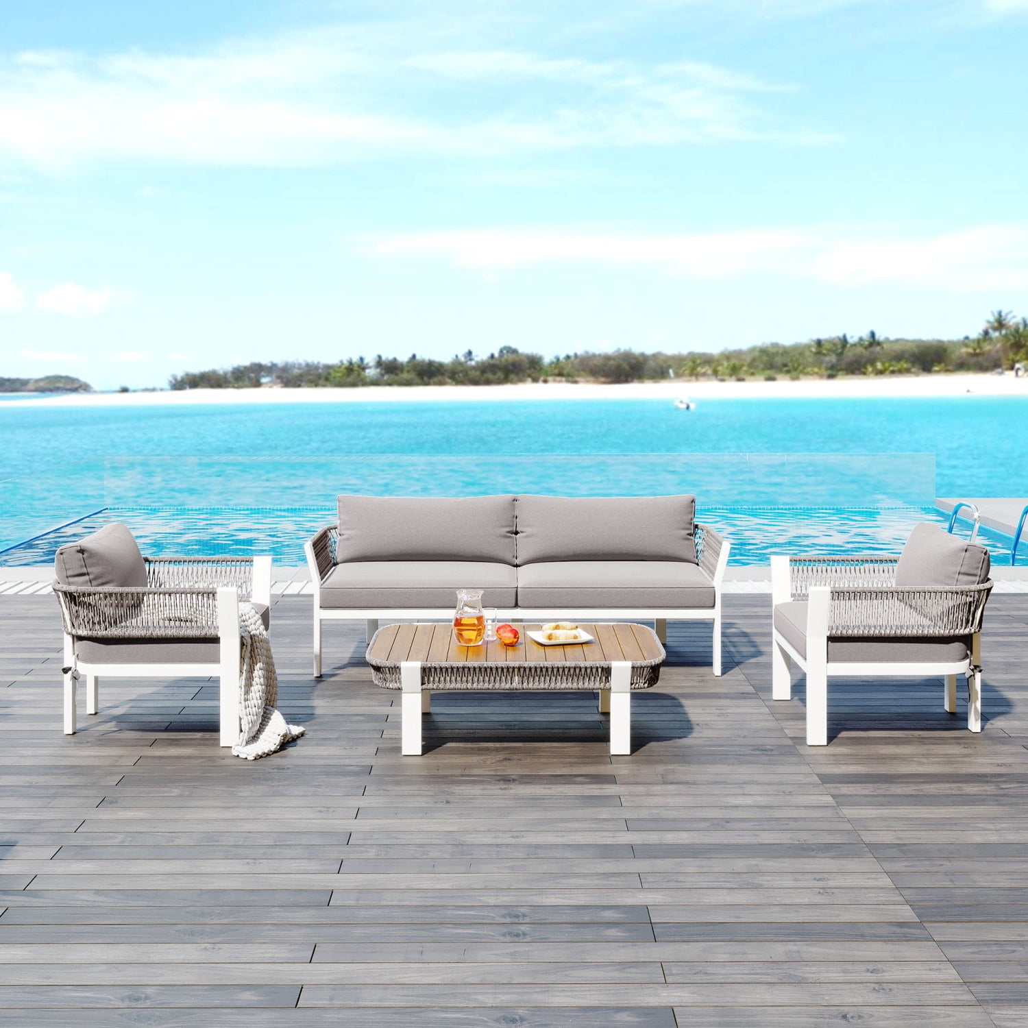 Churanty Outdoor Rope Furniture Set, 4 Piece Patio Conversation Set with Loveseat and 2 Chairs & Coffee Table for Backyard Porch Garden, Greyen Poolside and Backyard,Brown