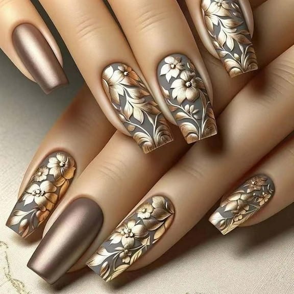 Press on Nails Long Coffin Fake Nails False Nails with Designs 3D Embossed Gold Flower Matte Glue on Nails Full Cover Stick on Nails Acrylic Nails for Women Girls 24 Pcs 1 24 Fl Oz (Pack of 1)