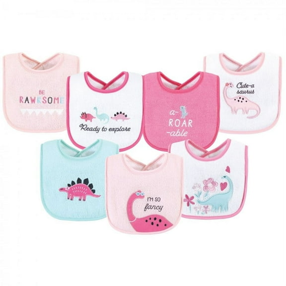 Hudson Baby Infant Girl Cotton Terry Drooler Bibs with Fiber Filling, Girl Dino, One Size