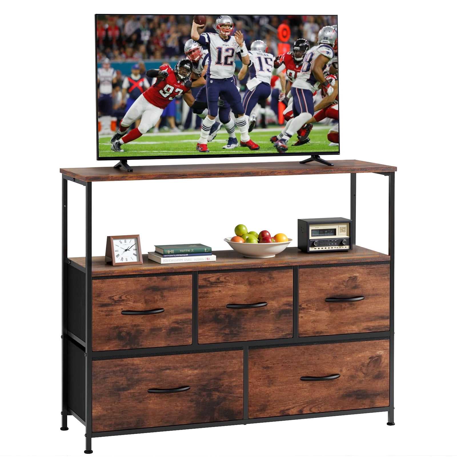 Atilioo 5 Drawer Dresser, Fabric Storage Chest with TV Stand, Open Shelf, Adjustable Feet, Bedroom or Living Room, Brown