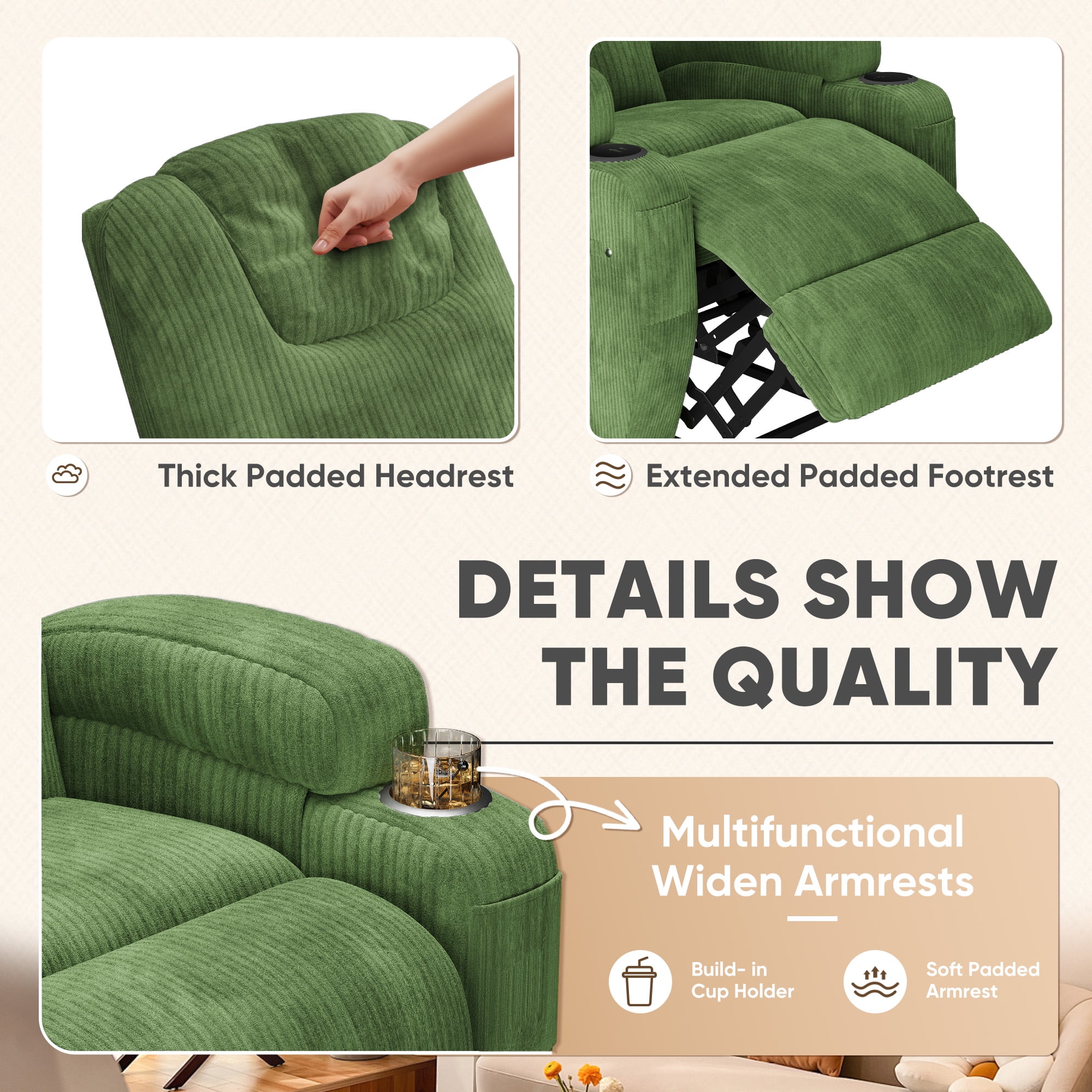 Homall Power Lift Recliner with Eight Vibrating Massages Ergonomic Single Sofa with Side Pocket and Soft Corduroy for Elderly,Corduroy Green