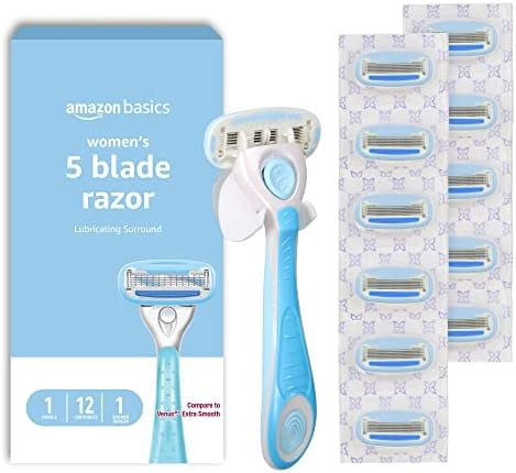 5-Blade Razor Handle for Women, Includes 12 Cartridges and Shower Hanger, 14 Piece Set, Blue