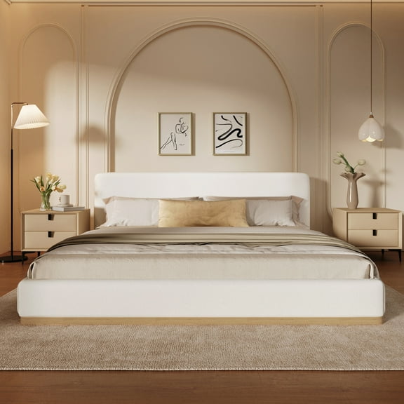 Christopher Knight Home Queen Bed with Velvet Upholstery, Solid Wood Platform, Padded Headboard, White