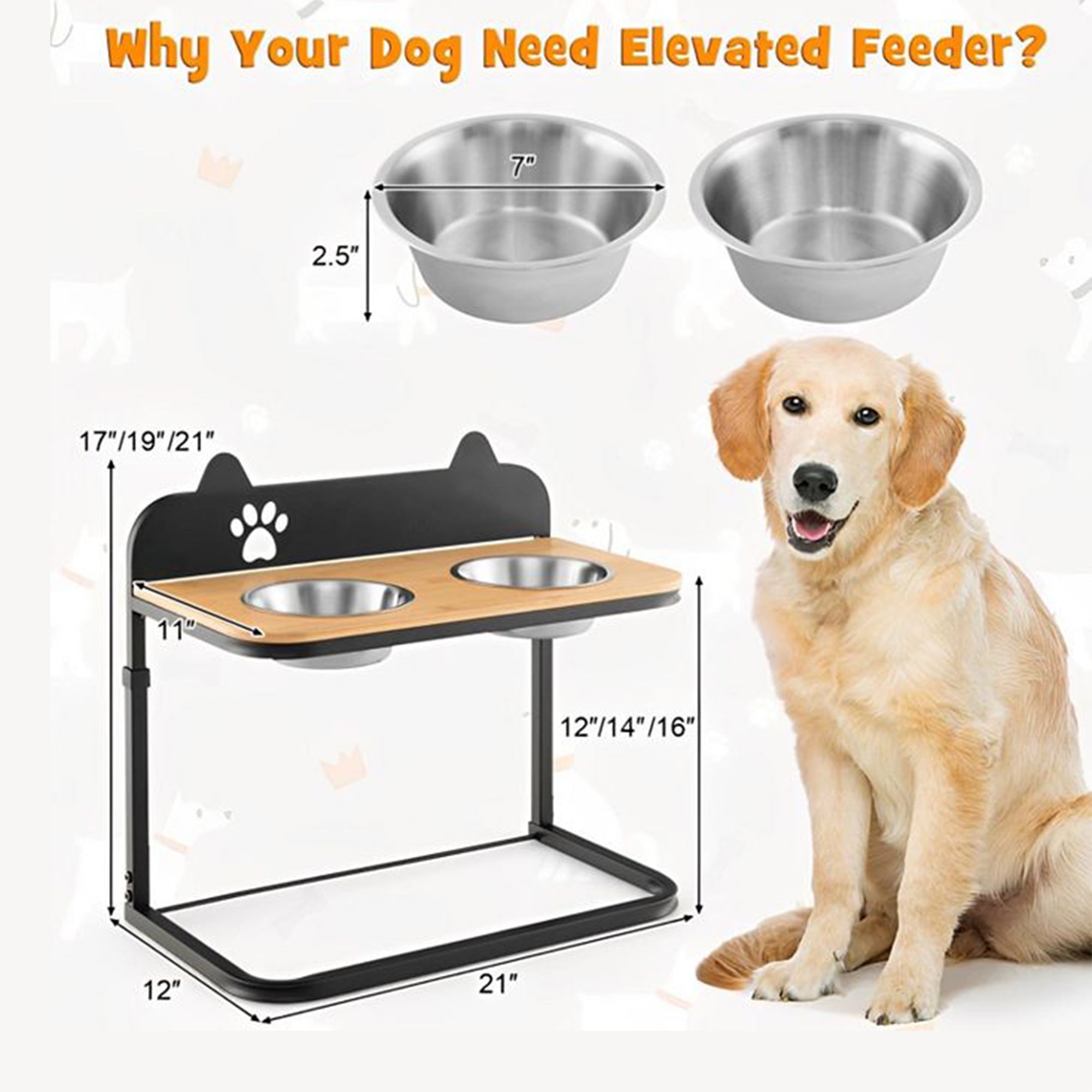 Kadyn 12"-16" Elevated Pet Feeder with 2 Stainless Steel Dog Bowls for Feeding Small Medium Dogs Cats Puppies, Black