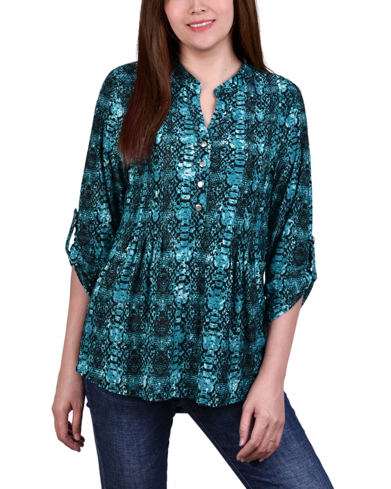 3/4 Roll Tab Sleeve Y Neck Top