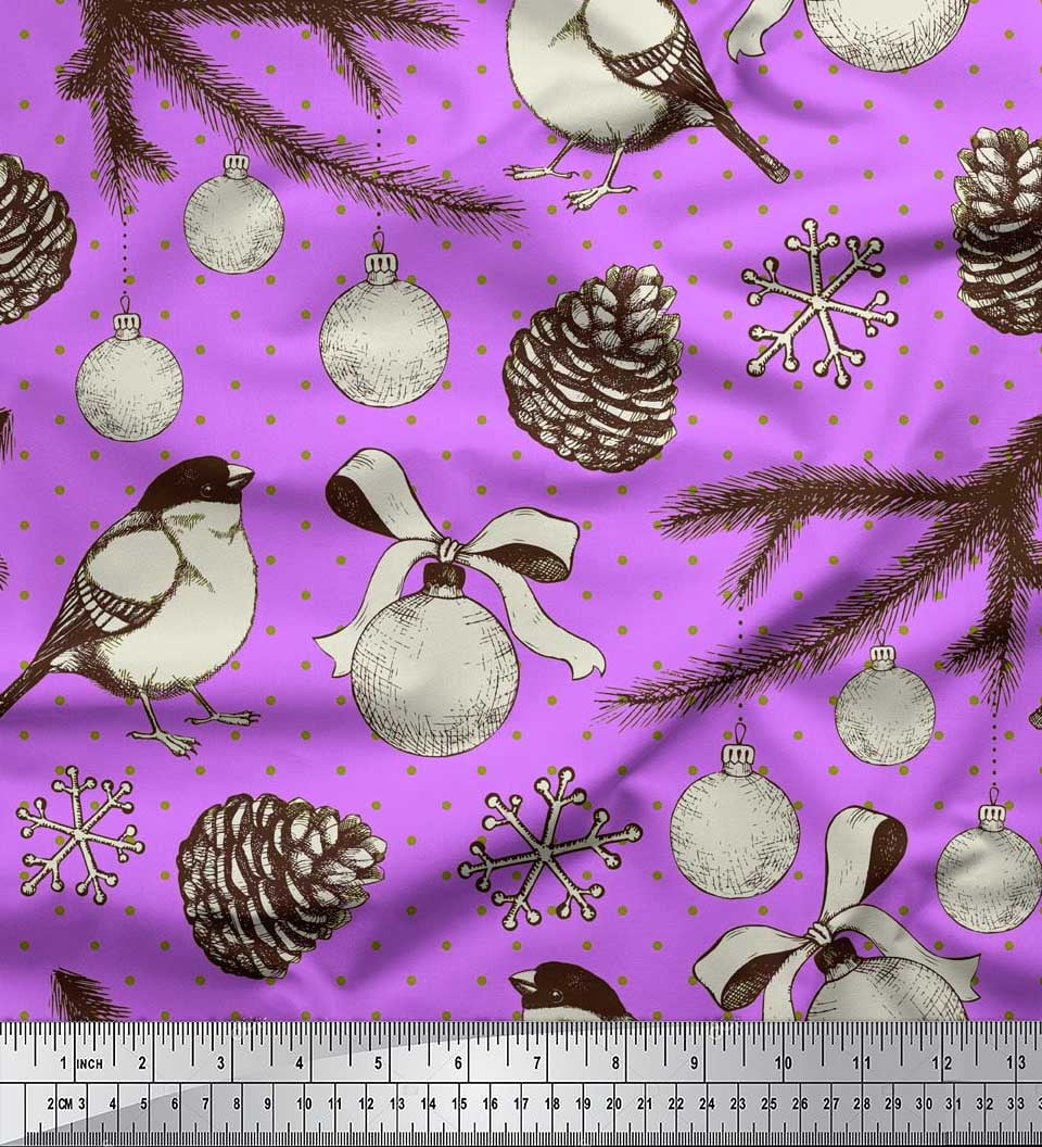 Soimoi Purple Cotton Duck Fabric American Robin, Baubles Christmas Fabric Prints by Yard 42 Inch Wide