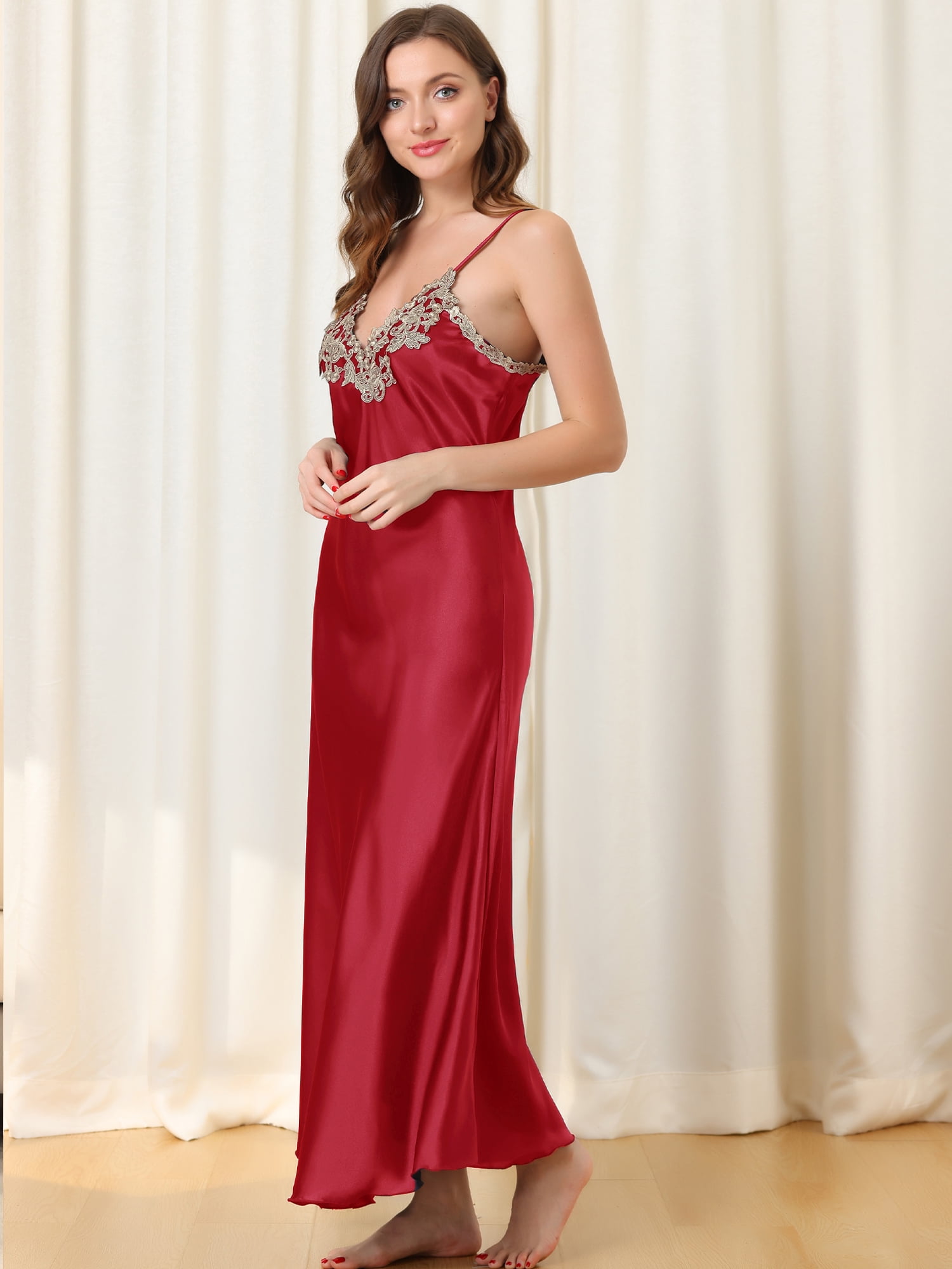 Unique Bargains Womens Satin Sleeveless Nigthgown Lace Sleepwear Pajama Dress