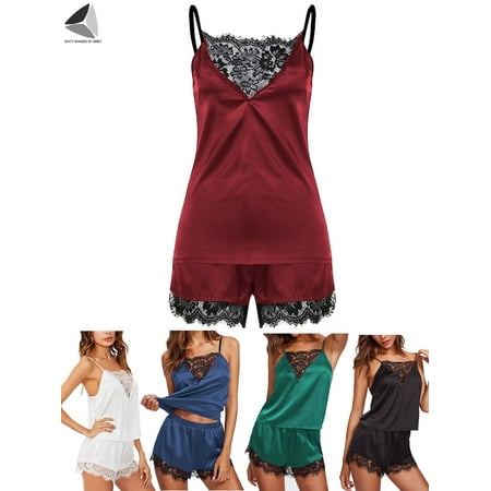 PULLIMORE Women Pajama Sets Sexy Lingerie Lace Sleepwear Cami Shorts Set V Neck Nightwear (M  Red)
