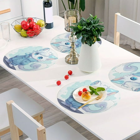 

Round Grid Placemat One Sizex6 Round Placemat PVC Plate Mat，15.4 Inch Non-Slip and Heat Resistant Table Placemat Dining Room Placemat Cartoon Beautiful Blue Cat