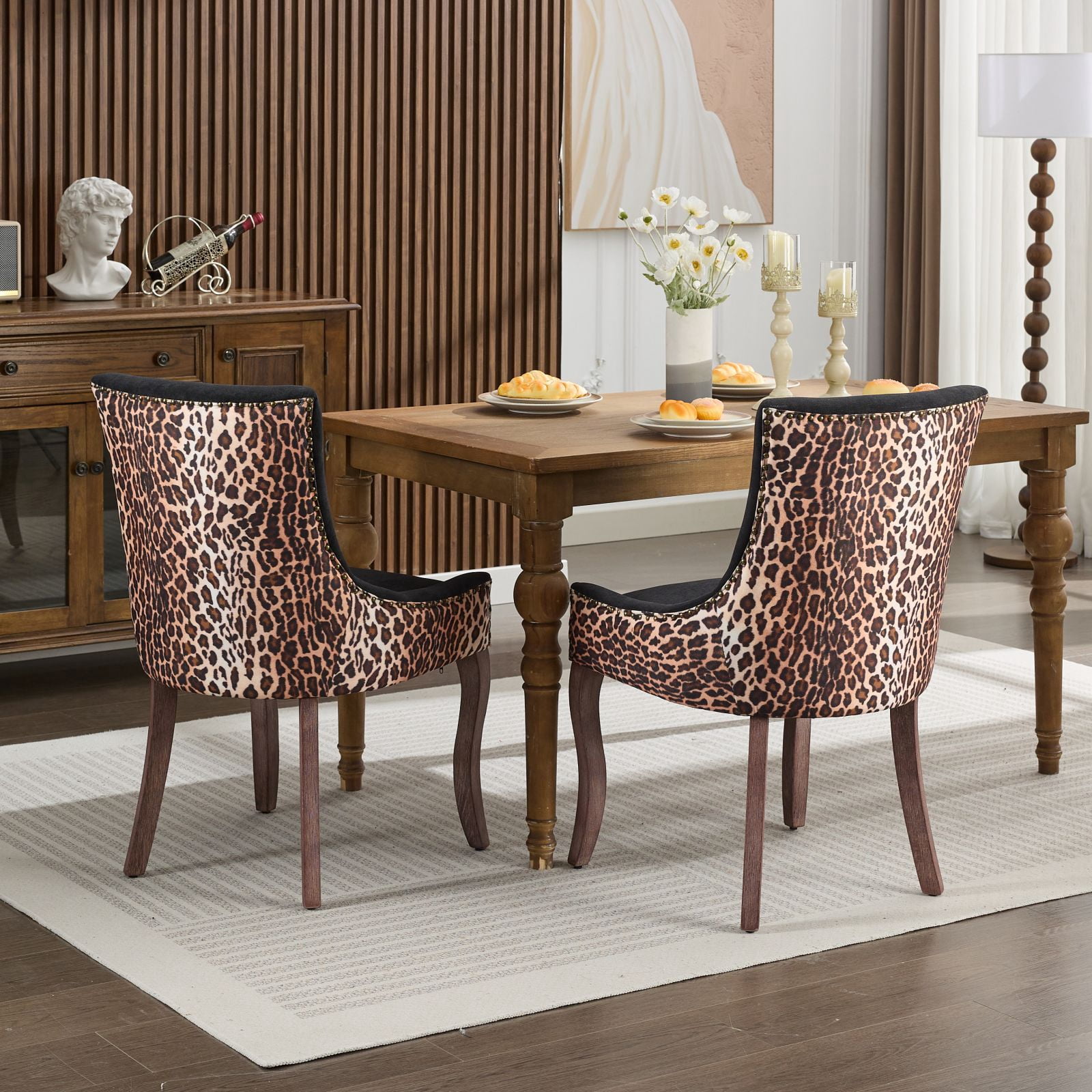 Gewnee Set of 2 Dining Chairs,Fabric Upholstered High Back Dining Chairs with Solid Wood Legs for Dining Room & Kitchen, Black Leopard Print