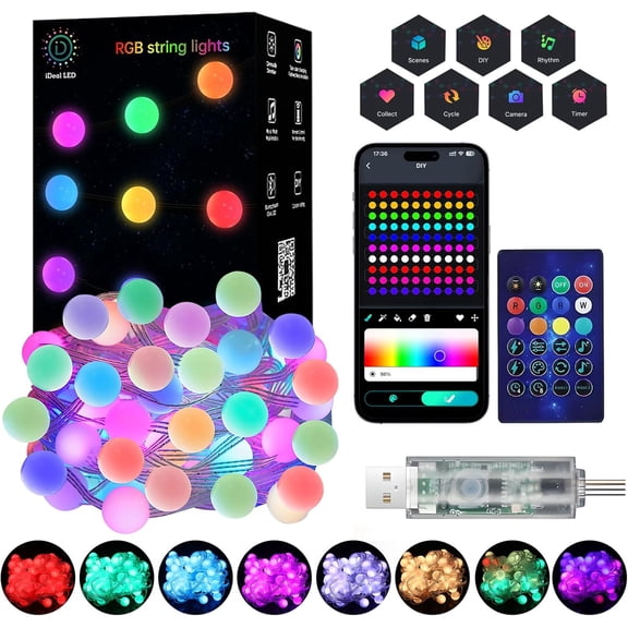 SuperRGB Globe String Lights 33ft 66 LED RGB Waterproof Color Changing App Remote Music Sync Timer USB Powered for Indoor Outdoor & Party Xmas Tree