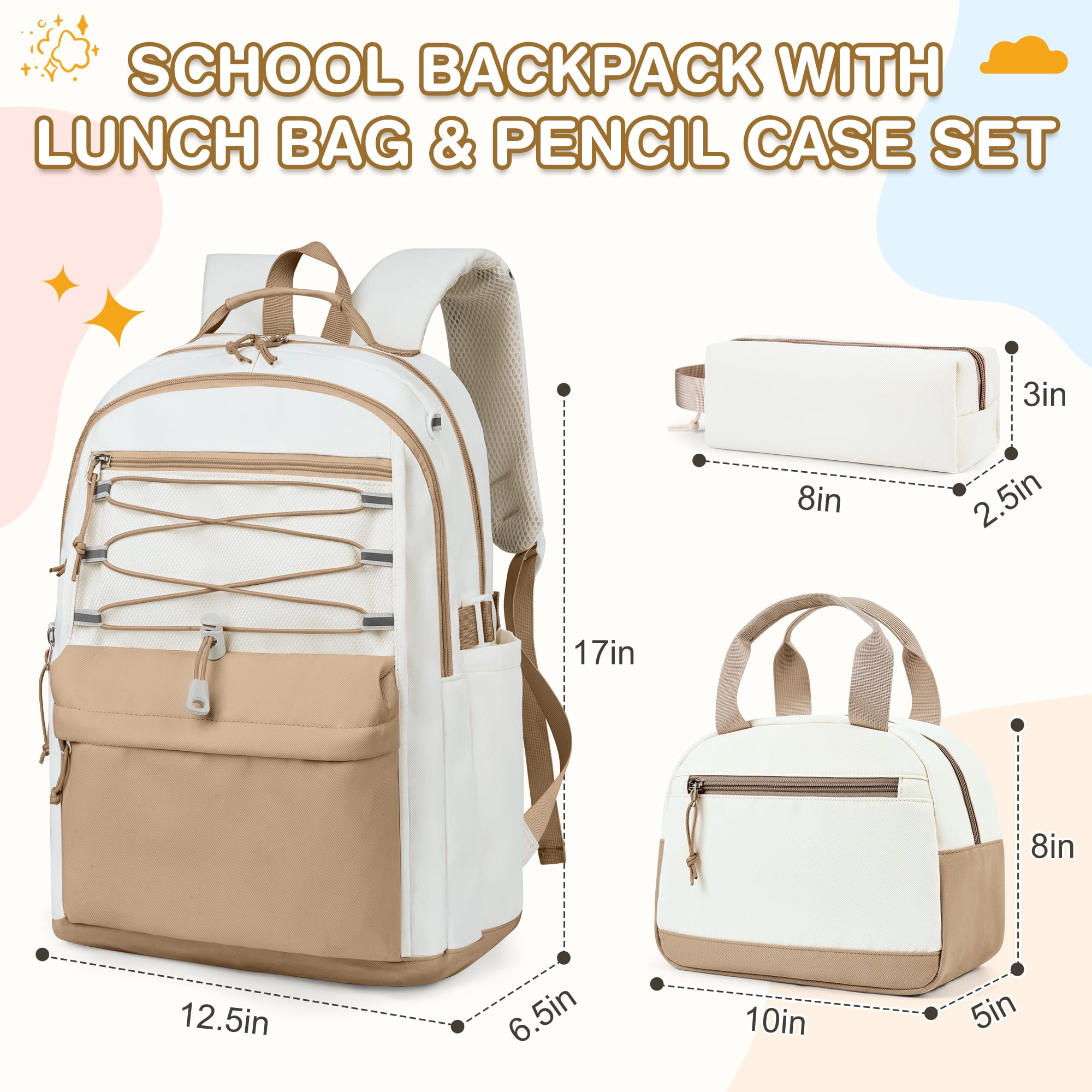 DAKIMOE 3 PCS School Backpacks for College Teens Cute Girlish Middle High School Bookbag Large Capacity Lightweight Waterproof Daypack for Students