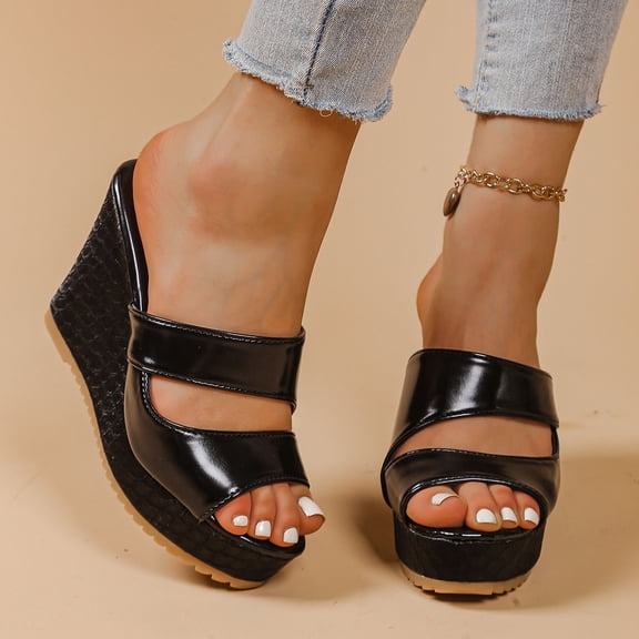 Viluyesy Womens Wedge Sandals, Peep Toe Faux Leather Slip-On Casual Fashion Platform Shoes Black US7