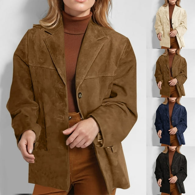 QIPOPIQ Faux Suede Blazer for Women's Lapel Collar Button Front Long Sleeve Jacket Clearance