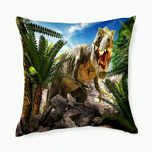 DinoDecor Polyester Pillow Cover - Farmhouse Modern Square Cushion Case for Sofa, Bed, Couch - 18x18 Inches - Giant Dinosaurs Park Theme