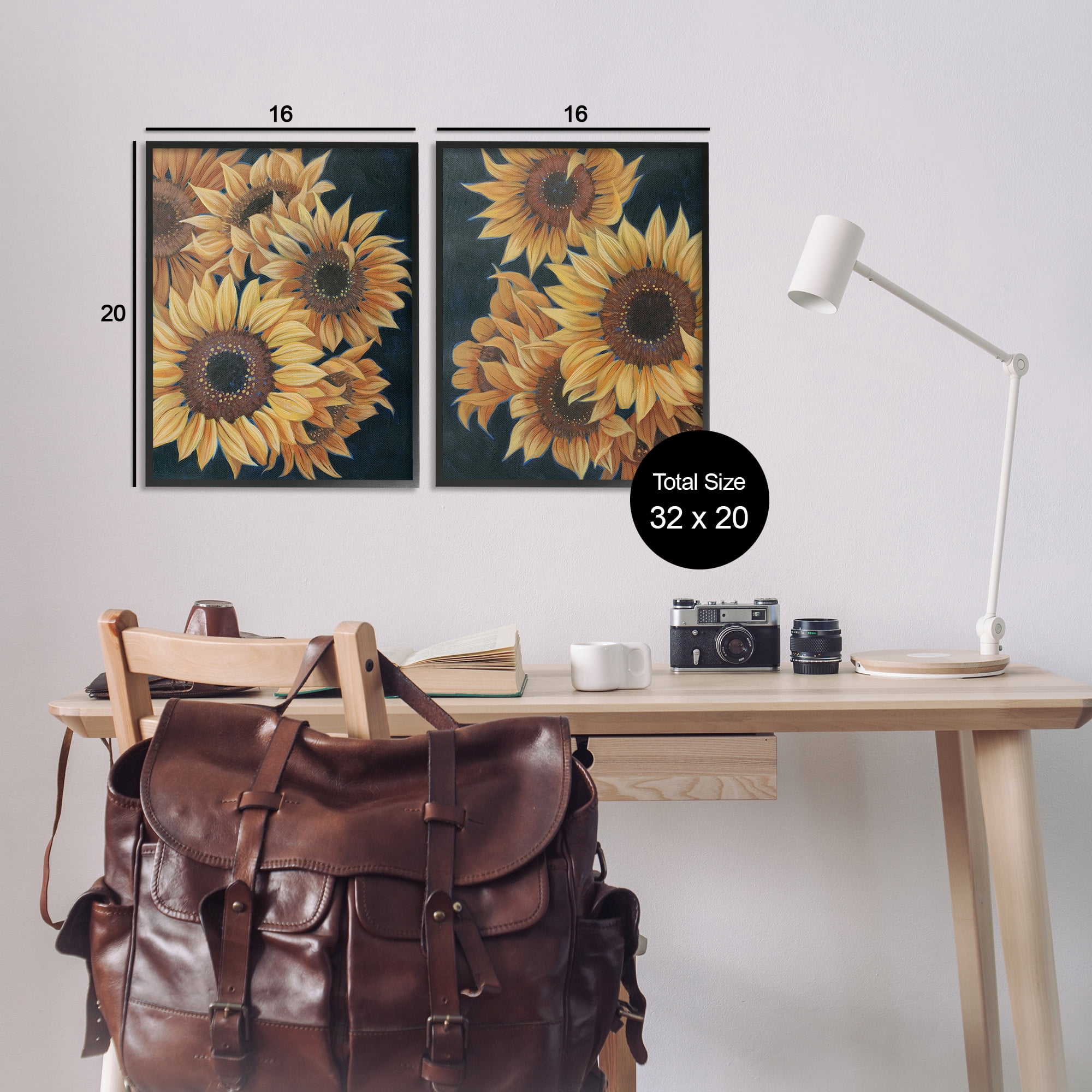 Stupell Industries Sunflowers on Black Botanical & Floral Painting Black Framed Art Print Wall Art, 16 x 20, Set of 2