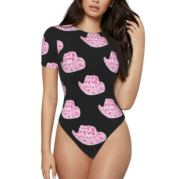 Balery Cowboy Hat Body de cuello redondo de manga corta para mujer Tops de manga corta Tops básicos-Medium