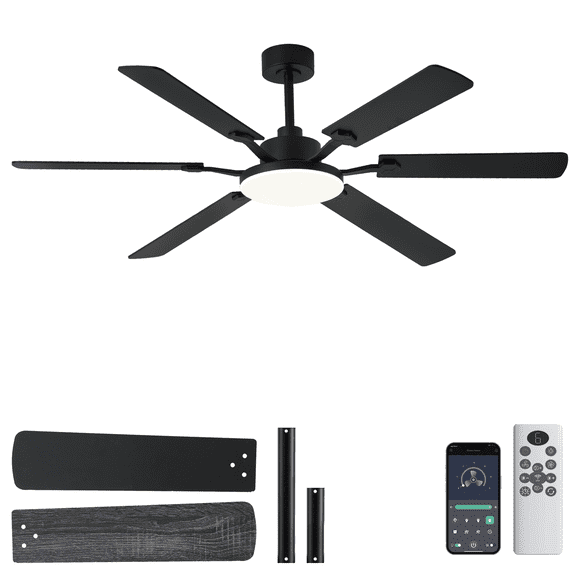 60inch Black Ceiling Fans with Lights and Remote/App Control, Low Profile Ceiling Fan with Light and 6 Double-Side blades, Flush Mount, LED Dimmable DC Reversible Modern Ceiling Fan for Bedroom