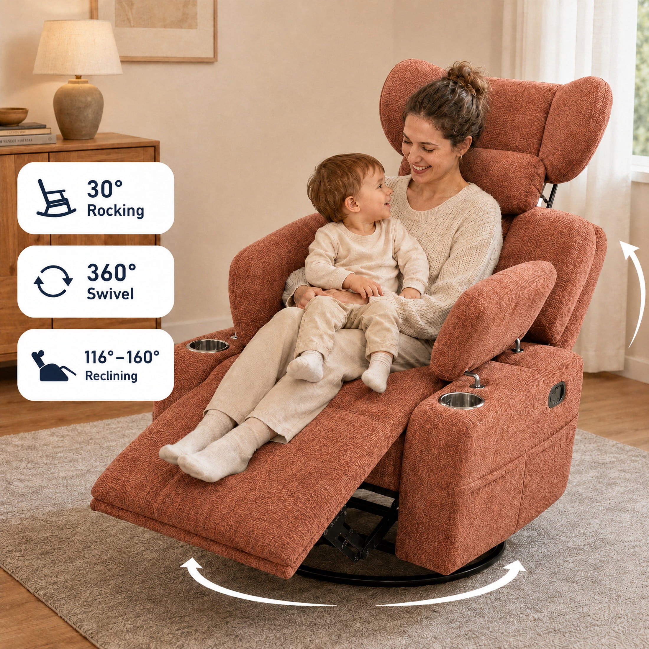 GDF Studio Turden 360° Swivel Manual Rocking Recliner with Detachable Neck Pillow, Versatile Lounge Chair, Orange