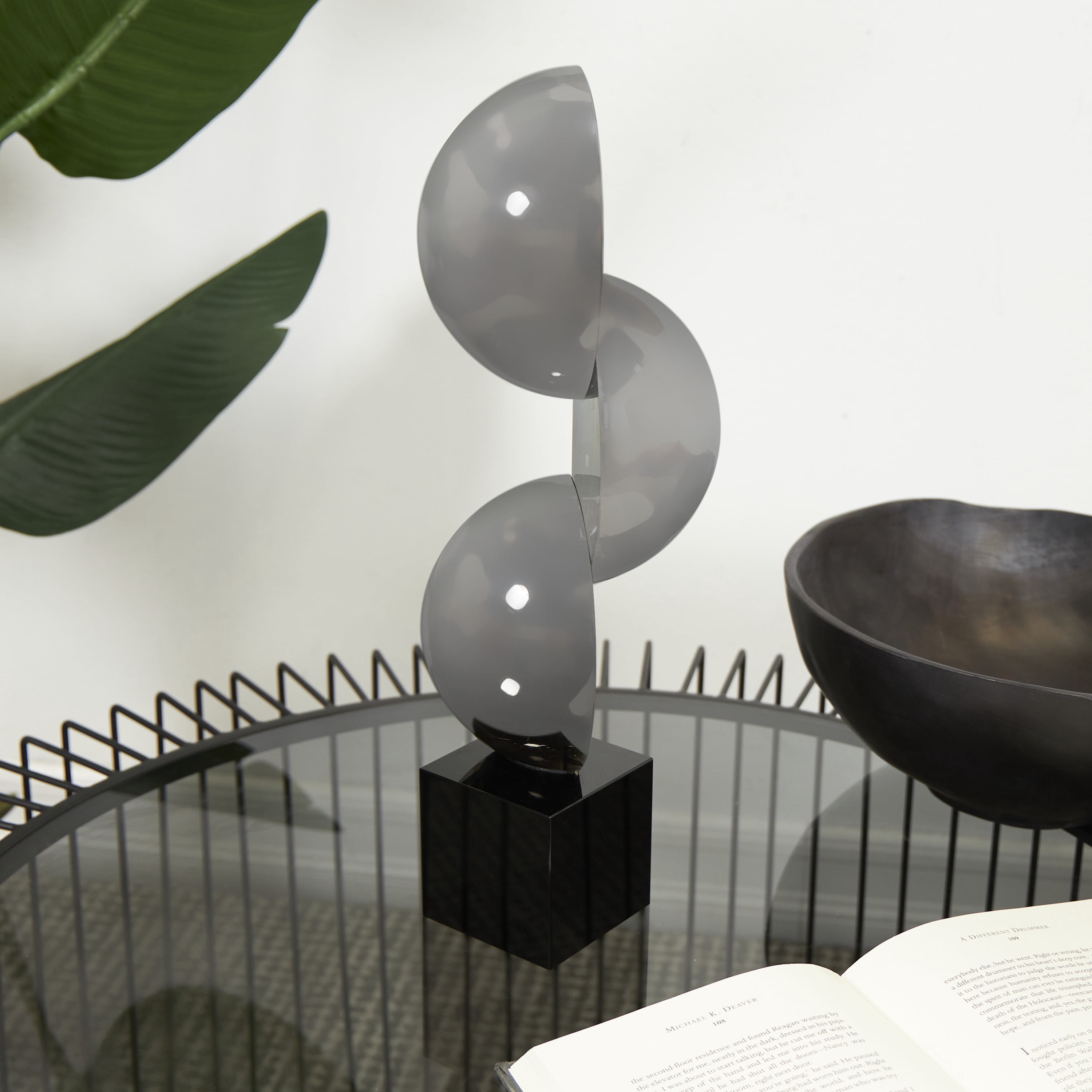 5" x 16" Dark Gray Crystal Quartered Stacked Orbs Geometric Sculpture with Square Black Base, by DecMode