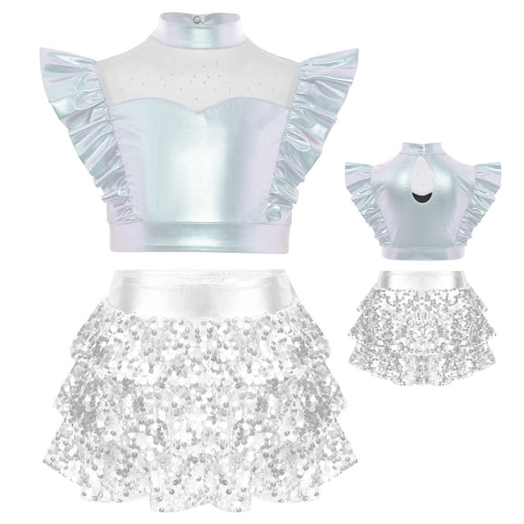 HULIJA Girl's Latin Jazz Dance Dress Metallic Dancing Clothes Crop Top with Skirt Set for Stage Performance Silver 10