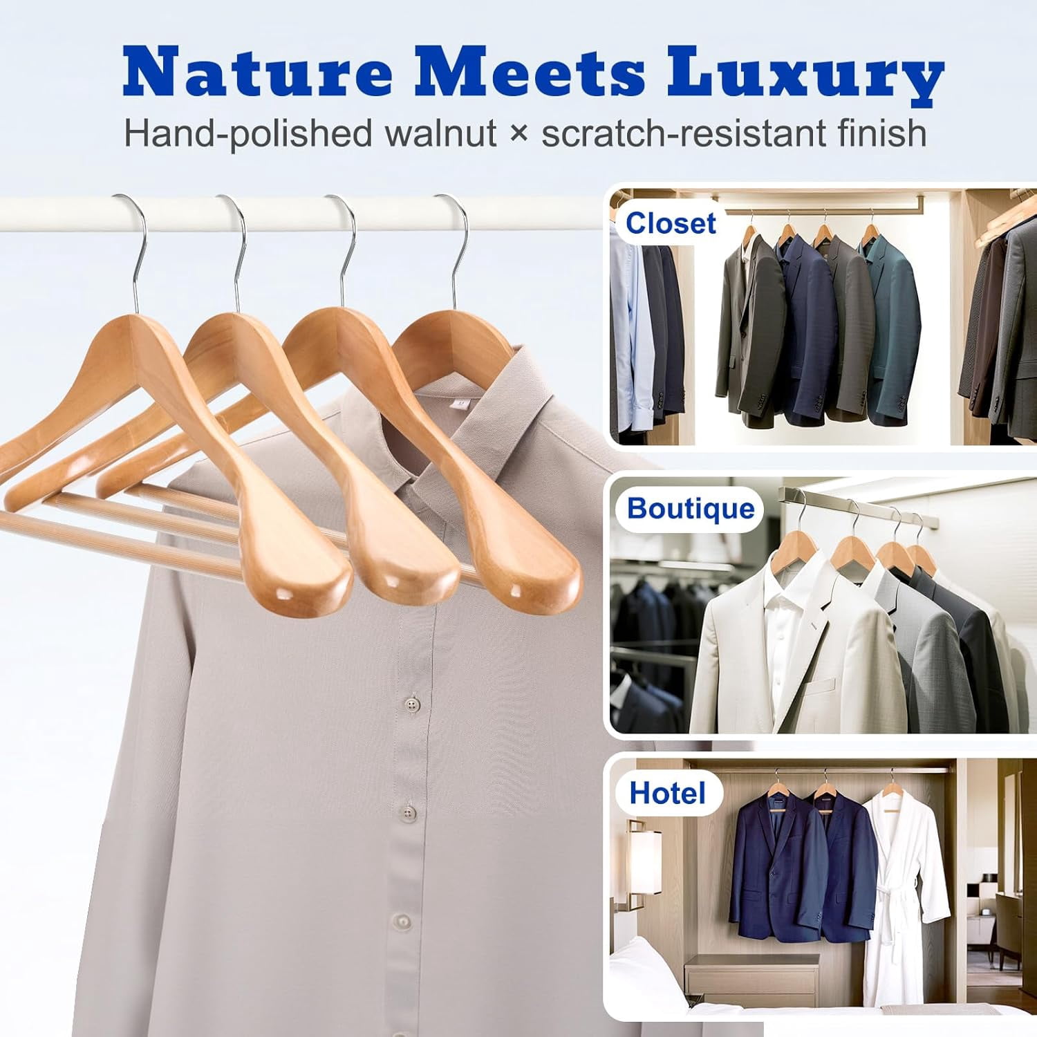Solid Wood Wide Shoulder Hangers with Non-Slip Pants Bar, 360 °   Swivel Hook for Suits, Dresses, Jackets, and Heavy Clothes - 6 Pack (Walnut Finish)