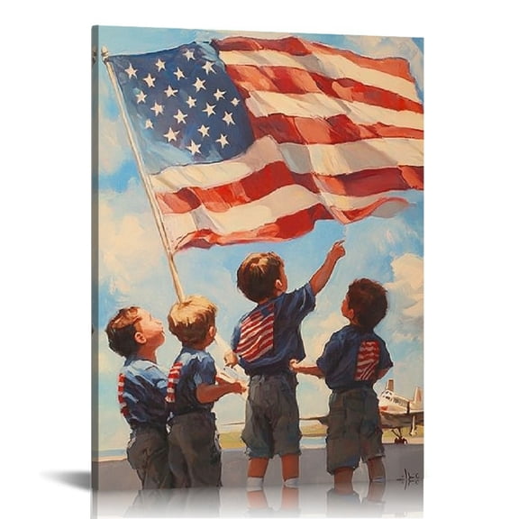 GooTPa 4th of July Patriotic Canvas Wall Art, Youngsters Playing Under American Flag Canvas Prints Wall Art for Living Room Bathroom Bedroom Office, Art Print Painting for Home Decorations - 12x16in