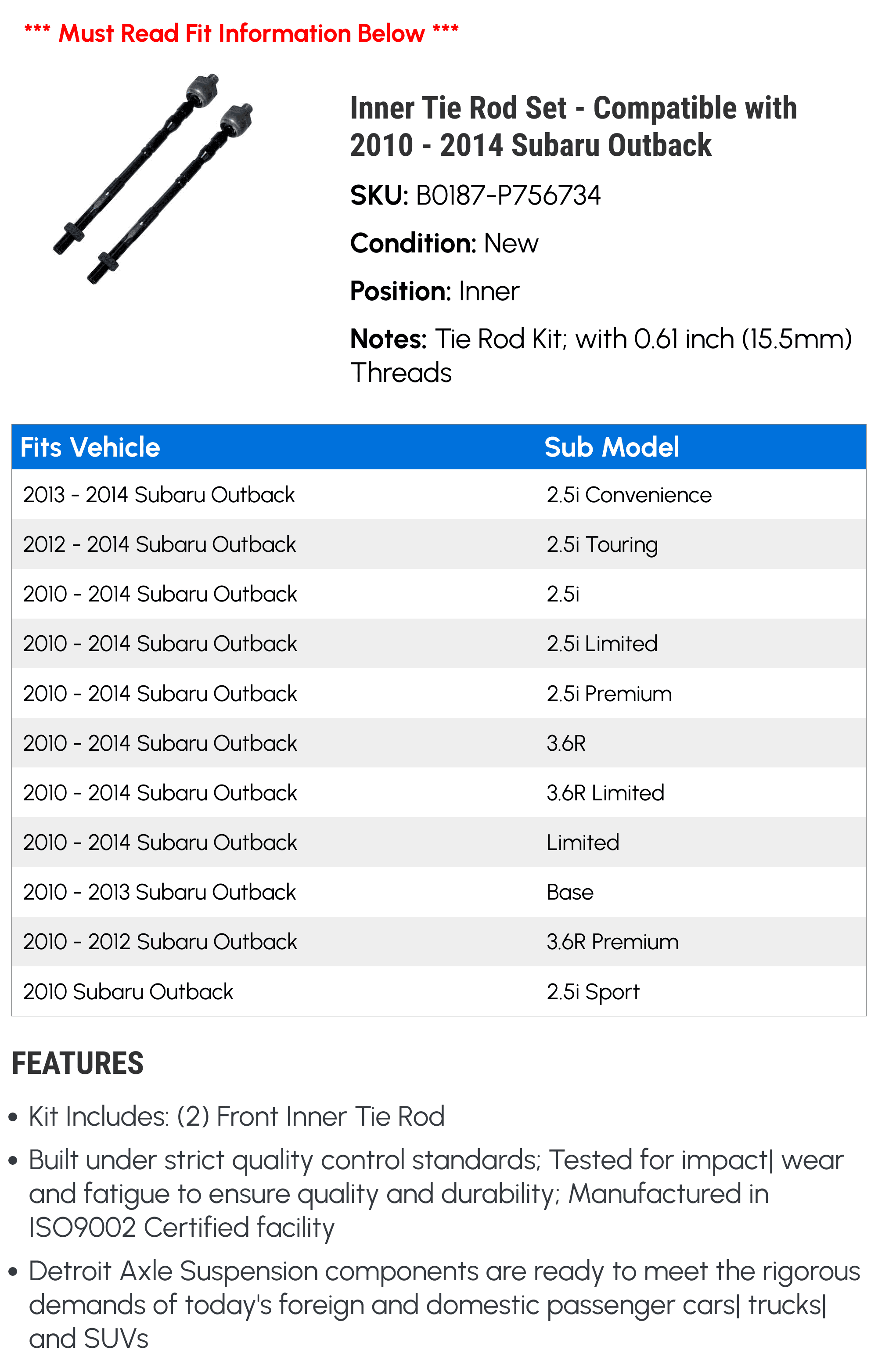 Inner Tie Rod Set - Compatible with 2010 - 2014 Subaru Outback 2011 2012 2013