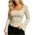 thumbnail image 2 of DailyTrove Women Square Neck Flare Long Sleeve Top, Solid Color Ruched Slim Fit Casual Ribbed Blouse Shirts, 2 of 7