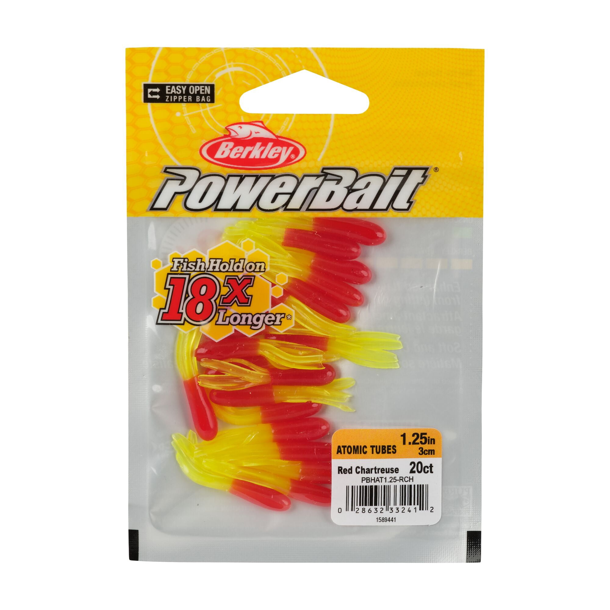 Berkley PowerBait® Atomic Tubes, 1.25 in, Tubes, Red Chartreuse (20 Count)