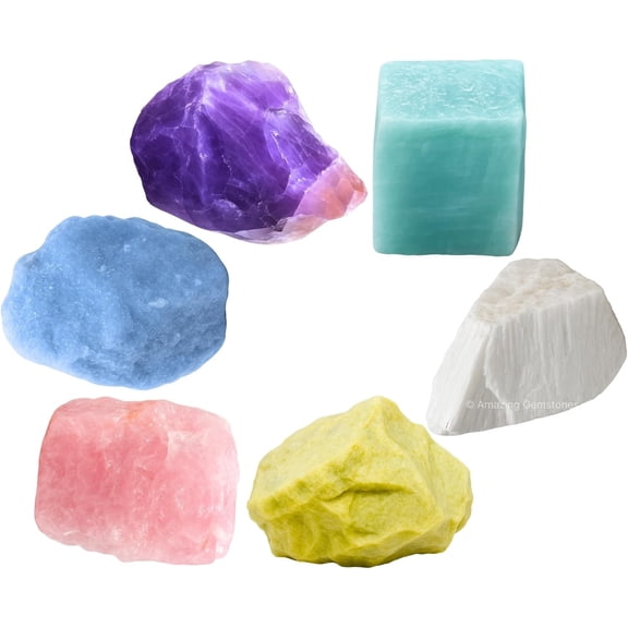 Headaches and Migraine, Set of 6 Amethyst, Angelite, Amazonite, Rose Quartz, Scolecite and Serpentine Healing Crystals and Stones