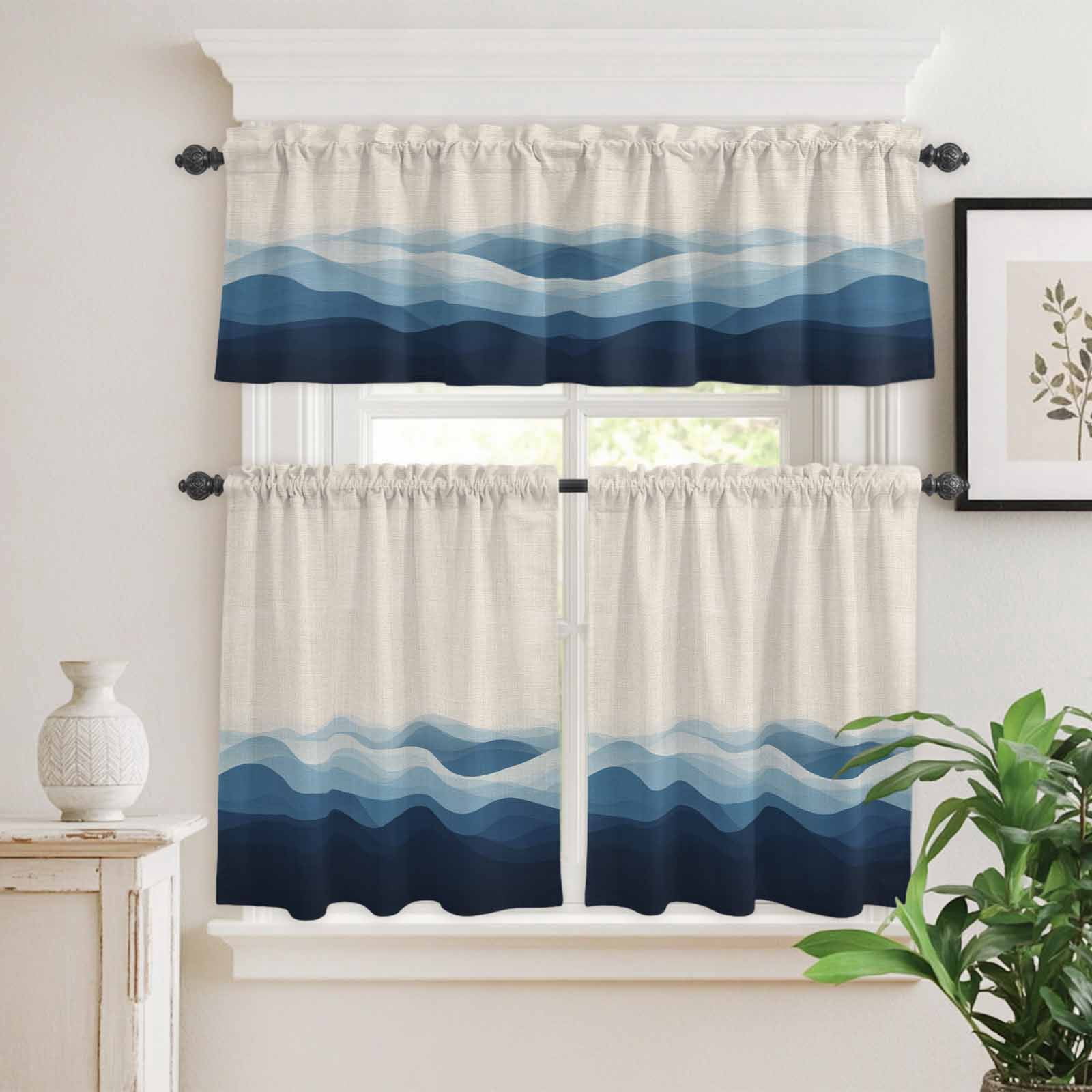 3 Piece Kitchen Curtains and Valances Set Blue Beige Ombre Cafe Curtains 24 Inch Length Minimalist Ocean Waves Linen Valance & Tier Curtain for Living Room Bedroom Small Window 54"x18"+27"x24"*2
