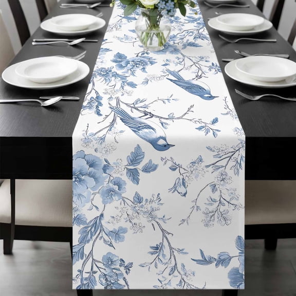 White Blue Spring Floral Table Runner 72 Inches Long, Summer Birds Botanical Kitchen Coffee Dining Table Decoration for Home Party Birthday Wedding Home Decor 18x72 Inches