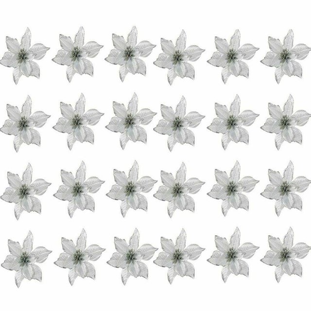 24Pcs Christmas Glitter Artificial Poinsettia Flowers Xmas Poinsettia Artificial Wedding Flowers Decorations Xmas Tree Ornaments for Party Favors, 6inch