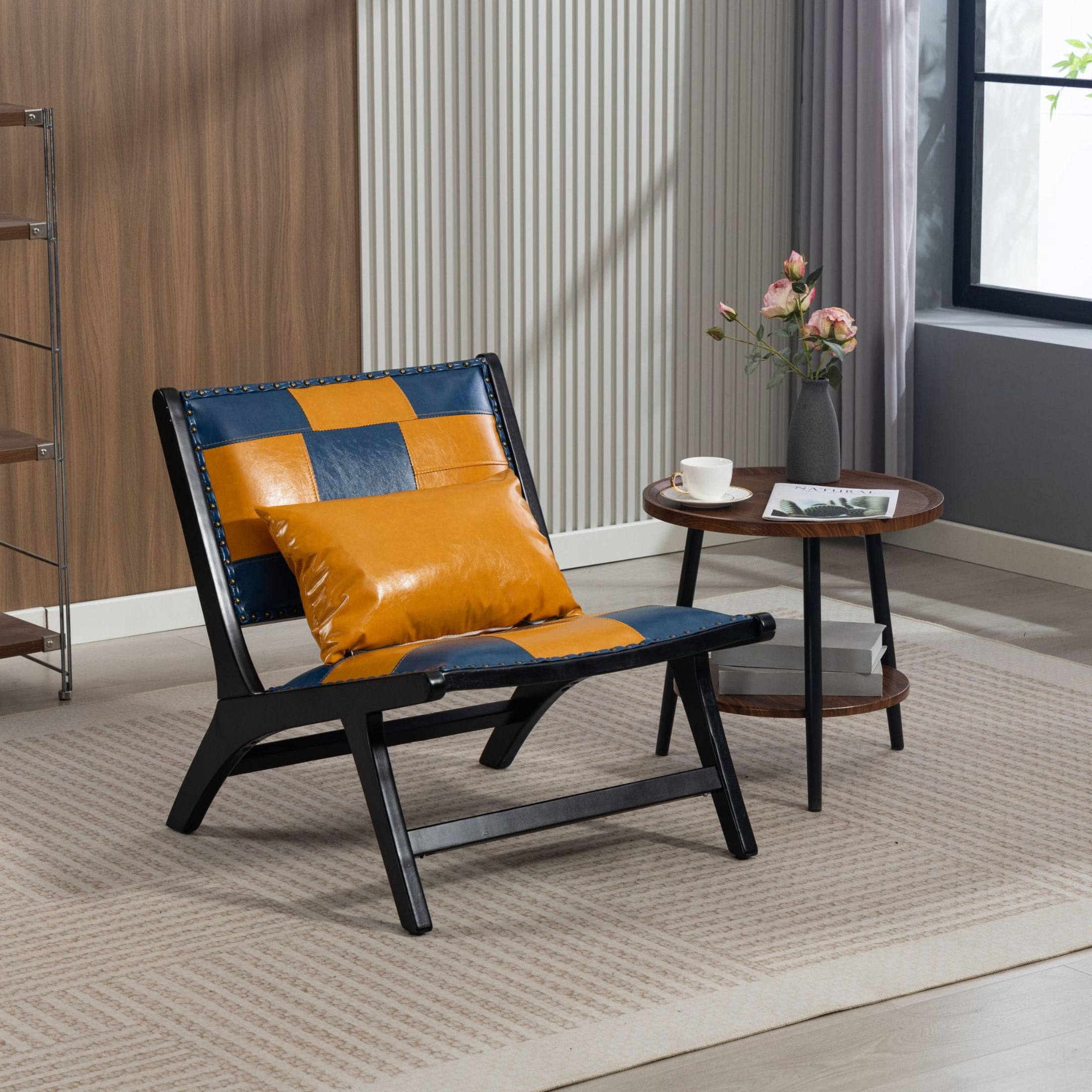 GDF Studio Alida Modern Boho Solid Wood Lounge Chair & Side Chair, PU Leather Upholstered Accent Chair, Blue & Yellow