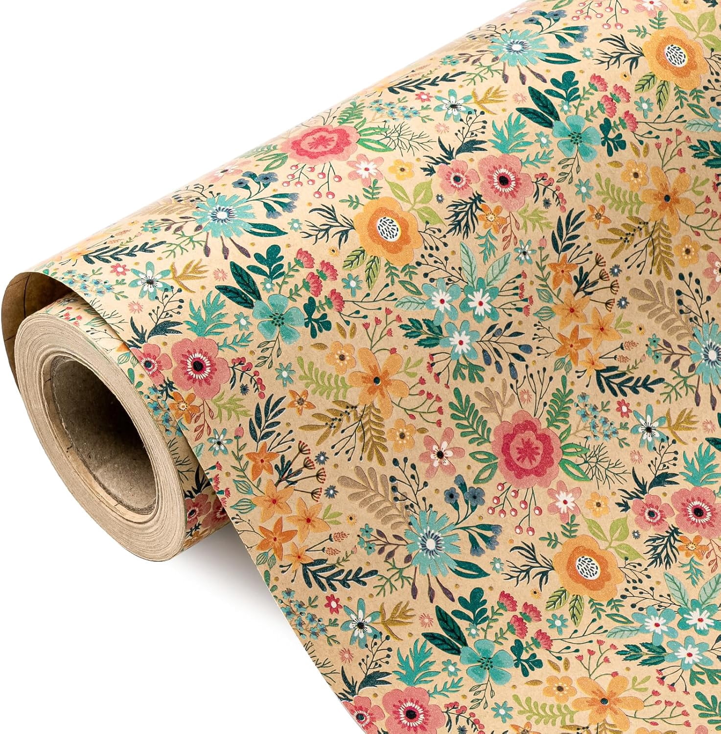 AllWays Plaza Kraft Floral Wrapping Paper Roll - Mini Roll - 17 Inch x 33 Feet - Bright Summer Flower Wrapping Paper, Perfect for Wedding, Birthday, Bridal Shower, Tea Party