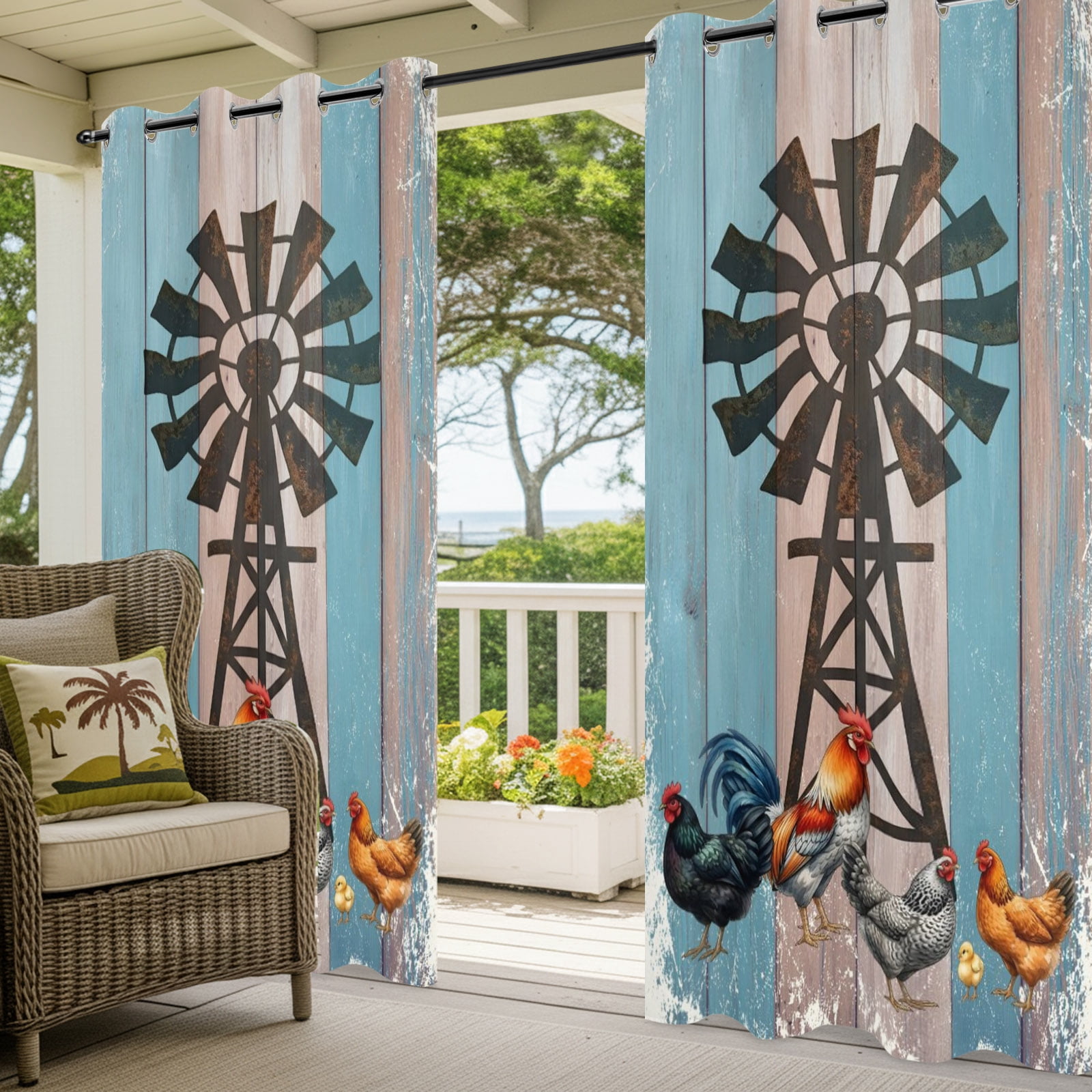 Rooster Hen Outdoor Curtains for Patio, Rustic Windmill Farmhouse Animal Wood Striped Country Sunshade Privacy Drapes Grommet Waterproof Outside Curtains for Porch/Cabana/Balcony 54"x 108", 1 Panel