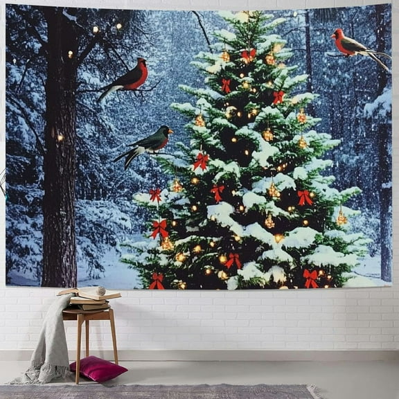 Pratyus Christmas Tree Birds Snowforest Tapestry Wall Hanging Dorm Decoration | Short Plush Fabric Lightweight Indoor Outdoor Use 40x30inch