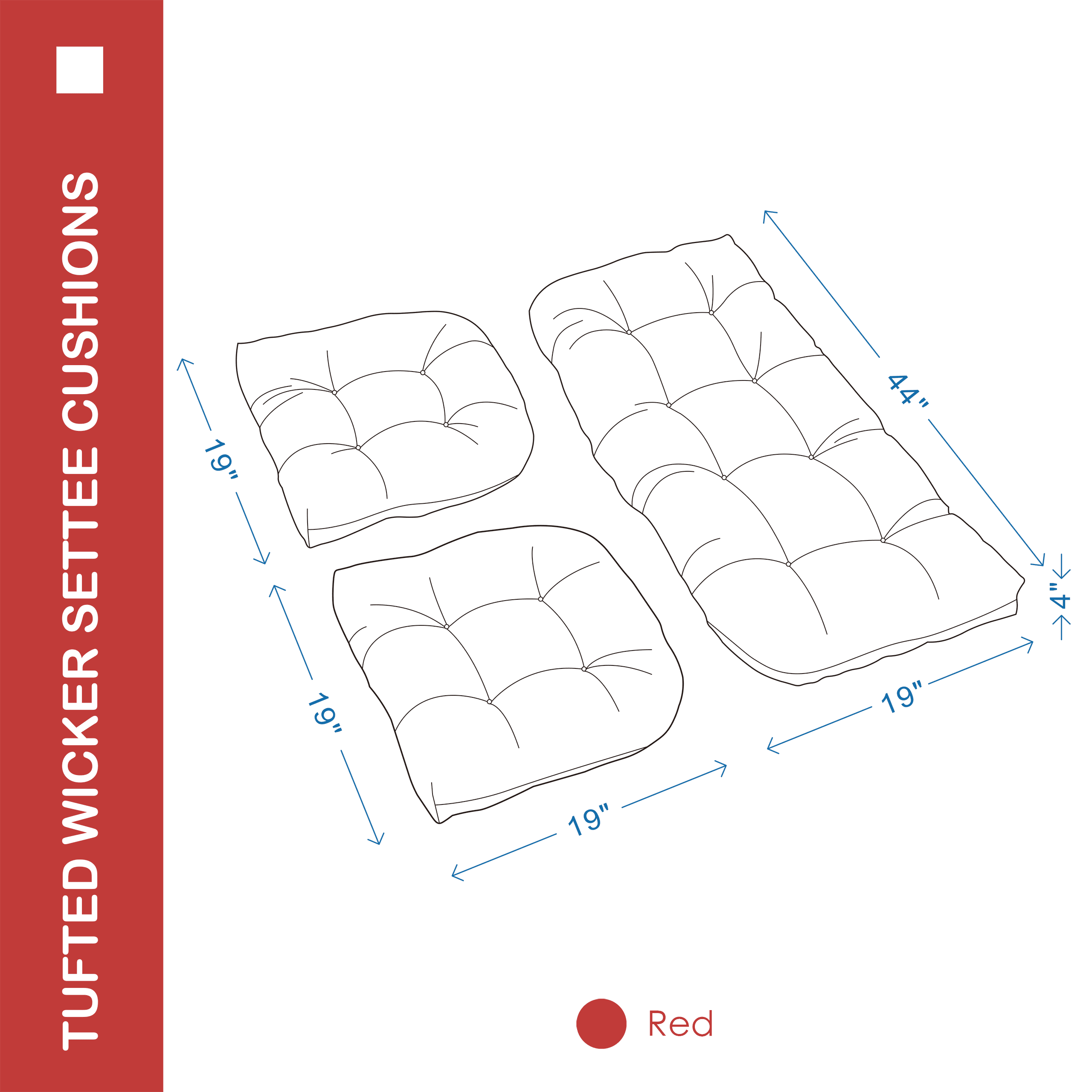 YOOZEKU Outdoor Tufted Wicker Chair Cushions of 3 Pieces, 1 Loveseat and 2 U-Shape All Weather Waterproof Patio Seat Cushions for Wicker Furniture,Bench, Red