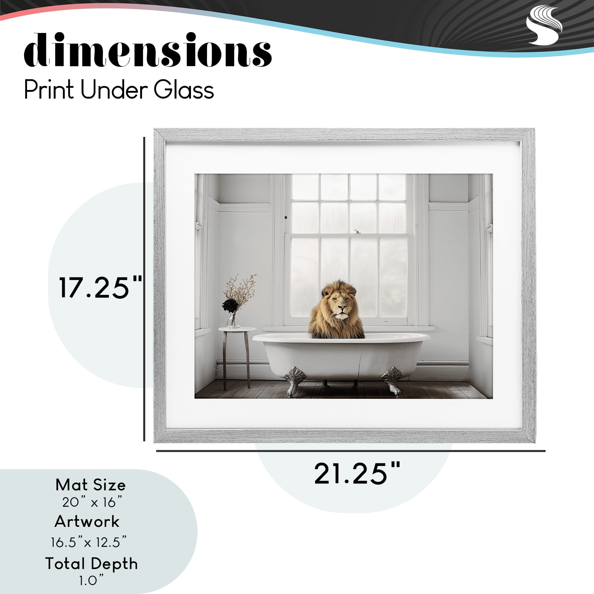 Minimalist Lion Bathtime Gray Framed Print Under Glass, design by Sasha