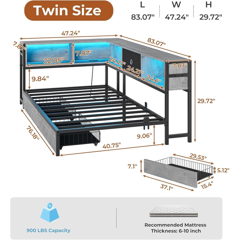 MU Twin Corner Bed Frame With Storage - Bookcase, Headboard, LED Lights, Charging Station & Drawers, Rustic Brown