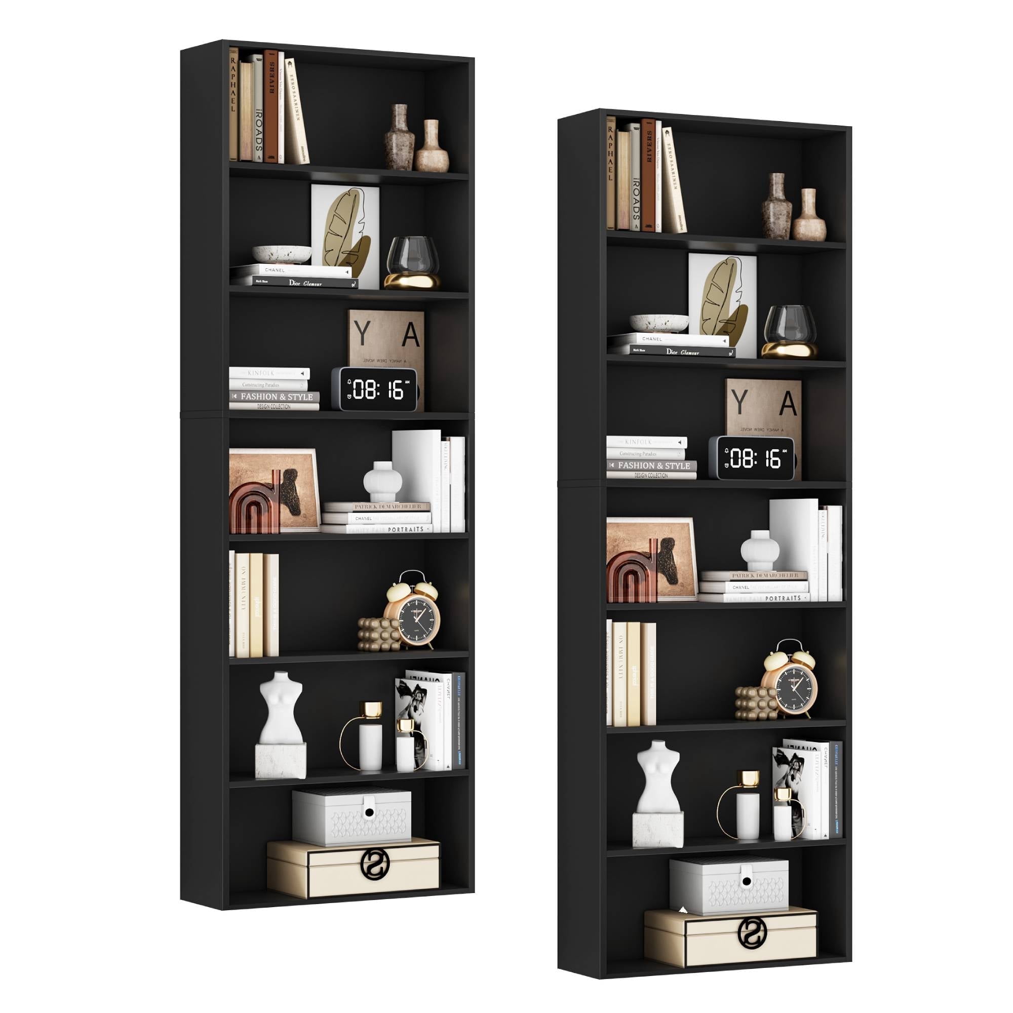 Homfa 82" Tall Bookcases Set of 2, Freestanding Display Storage Shelves, 7-Tier Open Bookshelf for Home Office Living Room Bedroom, Black