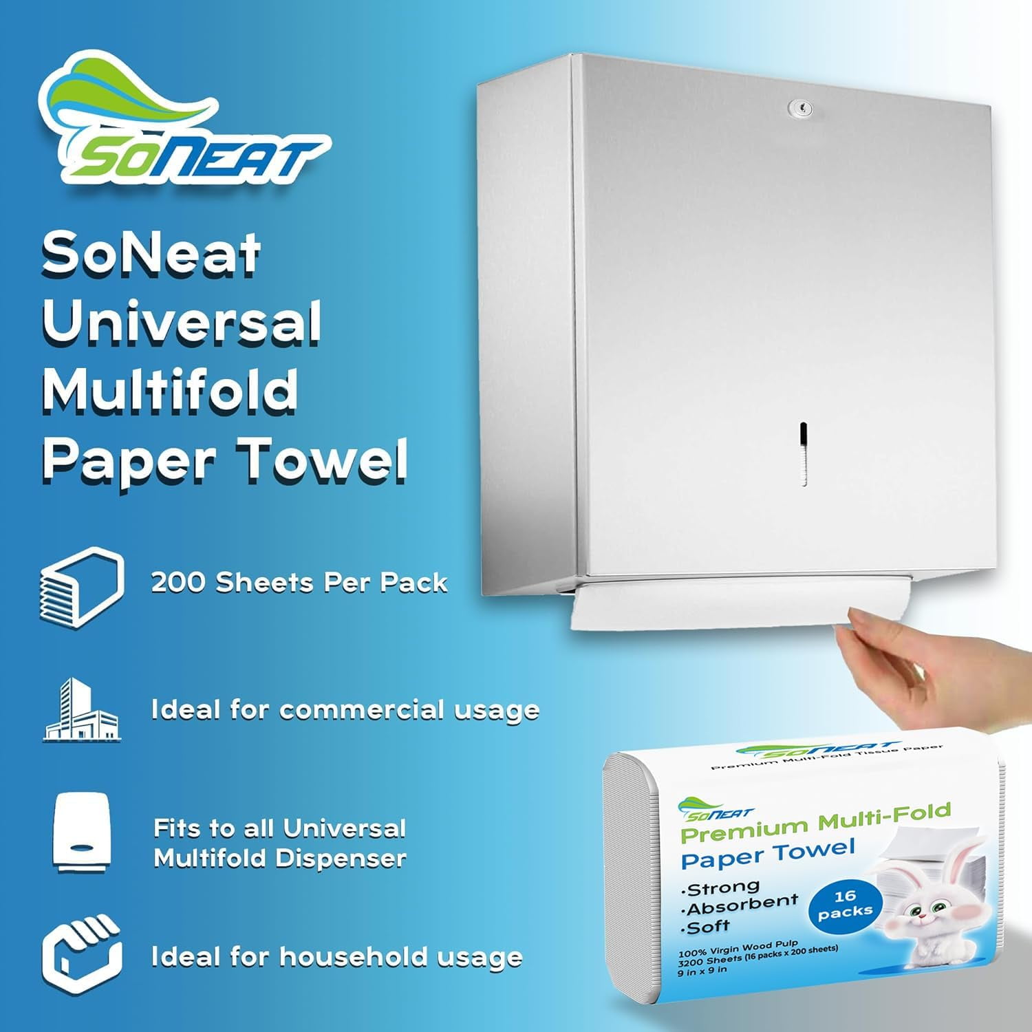 SoNeat Multifold Paper Towels, 3200 Sheets, 200 Count Per Pack Disposable Hand Towels for Bathroom, Commercial, Household, and Public Facilities, 100% Virgin Wood Pulp, 16 Packs